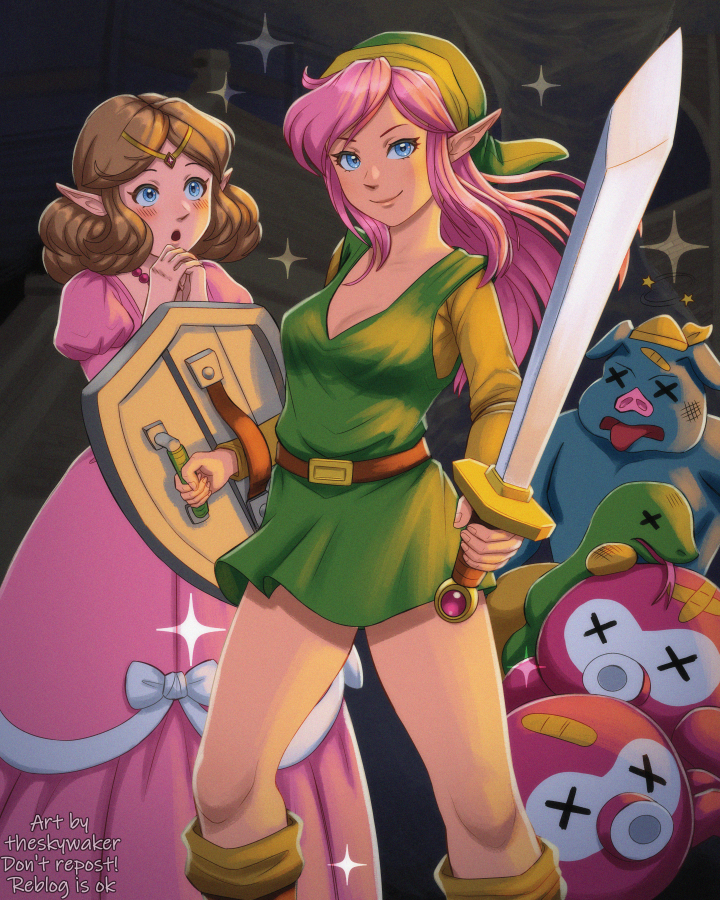 2girls bandaid bandaid_on_head belt blue_eyes blush bow breasts brown_belt brown_footwear brown_hair cleavage dress dress_bow eyelashes genderswap genderswap_(mtf) green_headwear green_tunic holding holding_shield holding_sword holding_weapon juliet_sleeves link link_(shounen_captain) long_hair long_sleeves looking_at_viewer medium_breasts moblin multiple_girls nintendo octorok open_mouth pink_dress pink_hair princess_zelda puffy_sleeves rope_(zelda) shield smile snake sparkle sword the_legend_of_zelda the_legend_of_zelda_(nes) theskywaker tongue tongue_out tunic weapon white_bow x_x