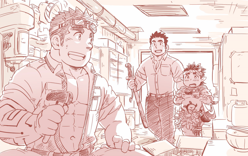 3boys abs bara blush character_request child collared_shirt engineer goggles goggles_on_head hammer holding holding_hammer holding_sword holding_weapon kajiya_kurogane long_sideburns male_focus monochrome multiple_boys muscular muscular_male open_jumpsuit pants pectoral_cleavage pectorals protagonist_3_(housamo) shirt short_hair sideburns stomach suv_(suv032) sword thick_eyebrows tokyo_houkago_summoners weapon