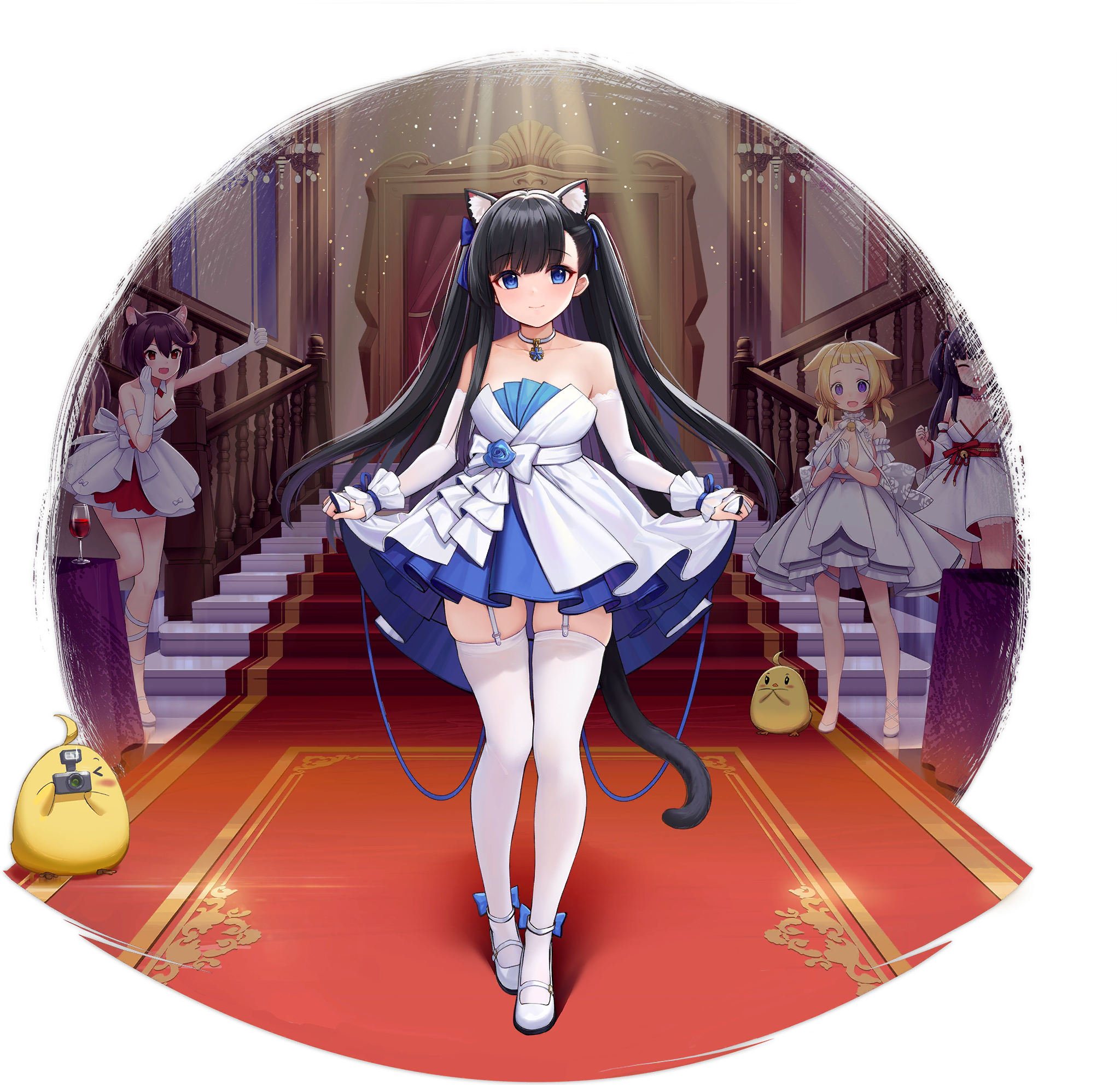 >_< 4girls allenes animal_ear_fluff animal_ears ariake_(azur_lane) ariake_(unending_friendship)_(azur_lane) ariake_(unending_friendship)_(azur_lane) azur_lane black_hair blue_bow blue_dress blue_eyes bow breasts cat_ears cat_girl cat_tail detached_sleeves dress evening_gown garter_straps hair_bow hatsuharu_(azur_lane) hatsuharu_(hatsuharu_in_the_limelight)_(azur_lane) highres layered_dress long_hair looking_at_viewer manjuu_(azur_lane) medium_breasts multiple_girls official_alternate_costume official_art red_carpet skindentation strapless strapless_dress tail transparent_background two-tone_dress wakaba_(azur_lane) white_dress white_footwear wrist_cuffs yuugure_(azur_lane) yuugure_(evening_flower)_(azur_lane)