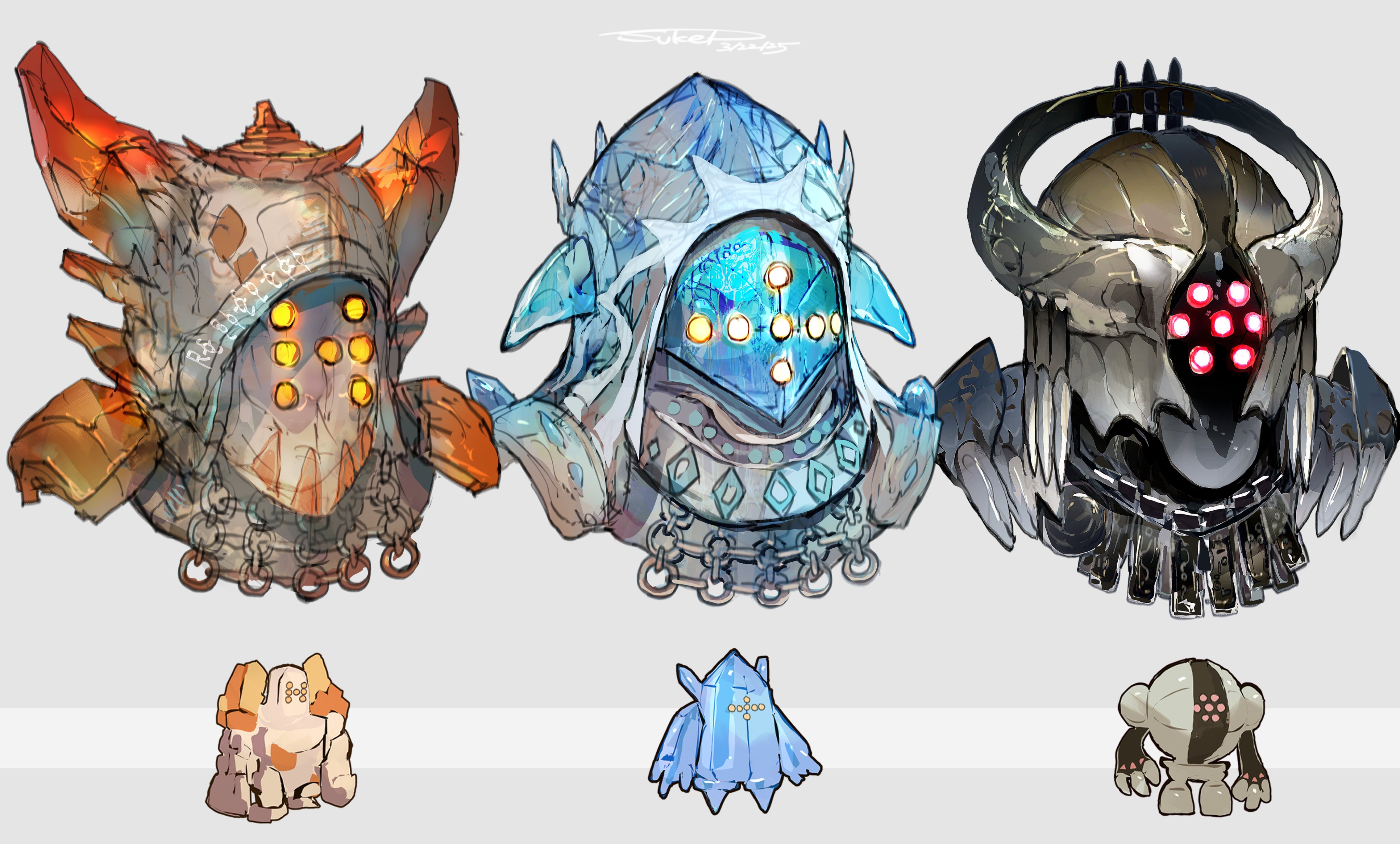 absurdres extra_eyes fake_horns game_freak gen_3_pokemon glowing glowing_eyes grey_background helmet highres horned_helmet horns legendary_pokemon nintendo no_humans objectification pokemon pokemon_(creature) red_eyes regice regirock registeel simple_background sukepmonster yellow_eyes