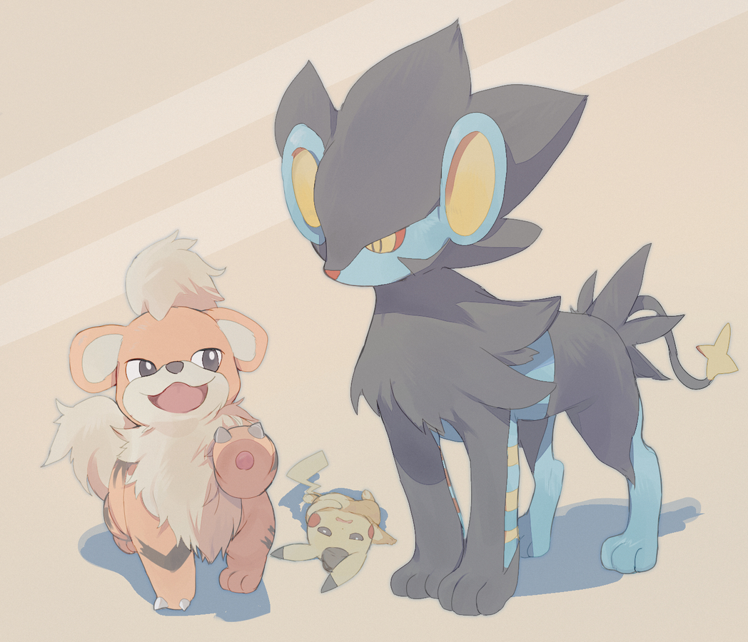 :d black_eyes bright_pupils claws colored_sclera commentary_request gen_1_pokemon gen_4_pokemon growlithe luxray mxkjxm_(nhss2337) nintendo open_mouth pikachu pokemon pokemon_(creature) red_sclera smile standing white_pupils yellow_eyes yellow_pupils