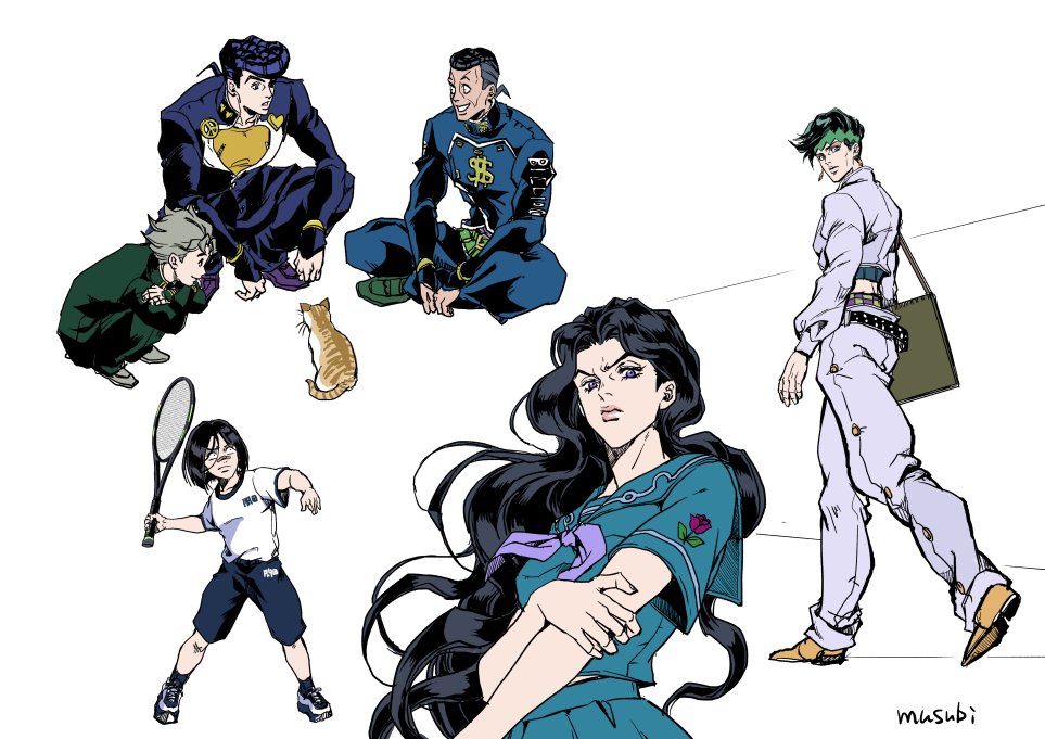 1girl 5boys bandaid bandaid_on_face bandaid_on_nose black_hair blue_serafuku cat commentary_request crop_top diamond_wa_kudakenai earrings frown gakuran green_headband hazamada_toshikazu headband heart higashikata_josuke hirose_koichi holding_tennis_racket indian_style jewelry jojo_no_kimyou_na_bouken kishibe_rohan long_hair midriff multiple_boys musubi_(livnehe) nijimura_okuyasu official_style pompadour purple_eyes school_uniform serafuku shirt shoes sitting smile sneakers squatting t-shirt very_long_hair wavy_hair white_shirt yamagishi_yukako