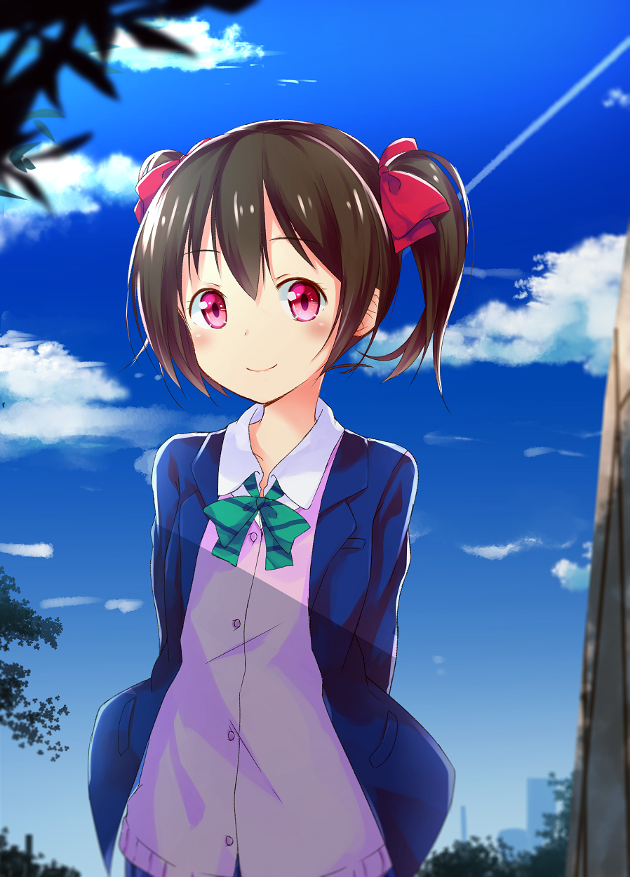 1girl 53c_(ray_cordova) arms_behind_back black_hair blazer blue_jacket blue_sky blush bow bowtie cardigan closed_mouth dress_shirt hair_ribbon highres jacket long_sleeves looking_at_viewer love_live! love_live!_school_idol_project otonokizaka_school_uniform pink_cardigan red_bow red_bowtie red_eyes ribbon school_uniform shirt short_hair sky smile solo striped_bow striped_bowtie striped_clothes striped_neckwear twintails white_shirt winter_uniform yazawa_nico