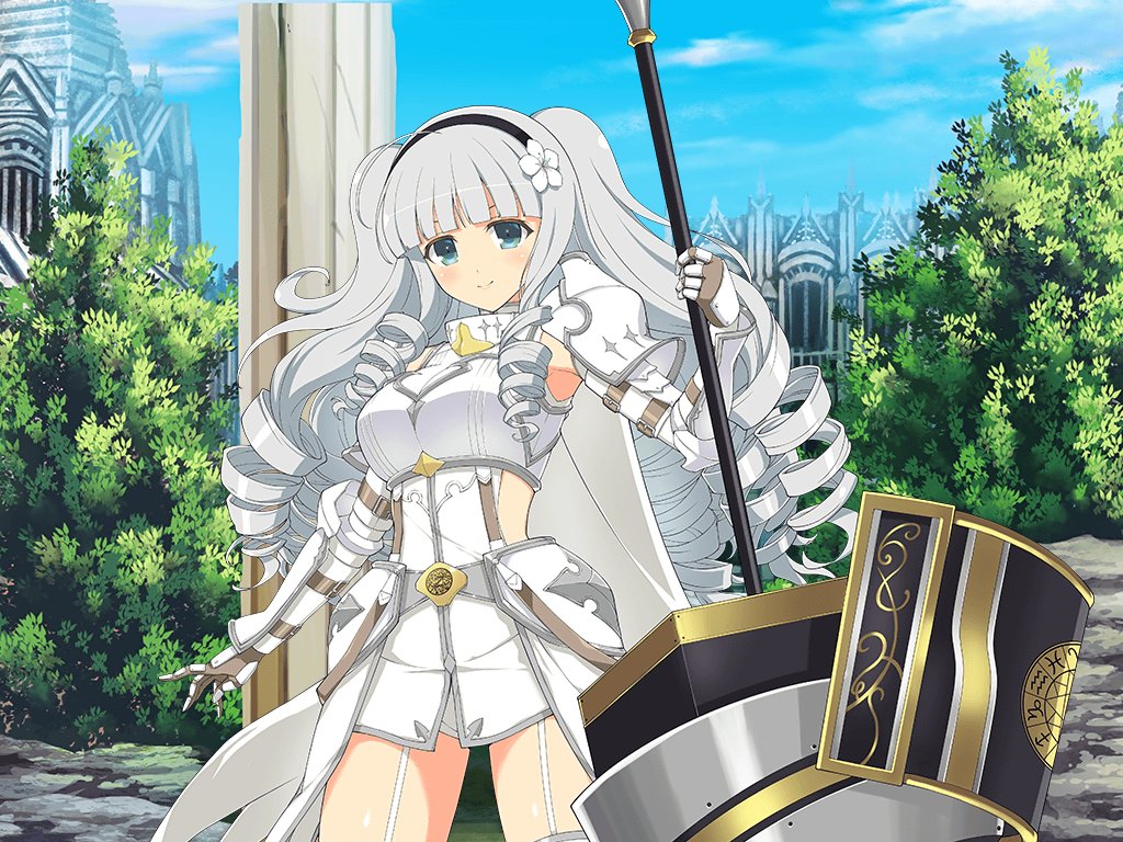1girl ahoge armor belt black_hairband blue_eyes blush breastplate breasts couter drill drill_hair faulds flower garter_straps gauntlets ginrei_(senran_kagura) gorget grey_hair hair_flower hair_ornament hairband holding holding_weapon large_breasts leaf long_hair looking_at_viewer official_alternate_costume official_art pauldrons pillar senran_kagura senran_kagura_new_link senran_kagura_new_wave shoulder_armor smile solo standing thighhighs tree weapon white_flower white_thighhighs yaegashi_nan