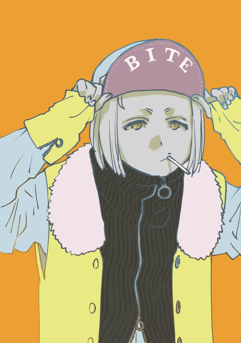 1girl bleach bleach:_sennen_kessen-hen bob_cut candy english_text food fur-trimmed_vest fur_trim hat highres jacket kubo_tite liltotto_lamperd lollipop long_sleeves open_clothes open_vest short_hair solo turtleneck turtleneck_jacket vest