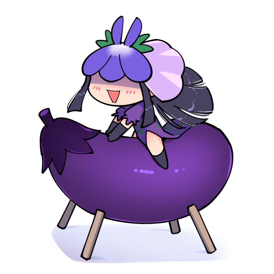 1girl black_gloves black_hair black_socks blush chibi dress eggplant flower flower_on_head food food_print fruit_print gloves grape_print long_hair open_mouth purple_dress purple_flower short_sleeves sidelocks simple_background smile socks solo suzumushi_(tanpopo_cha) touhou vegetable vine_print white_background yomotsu_hisami