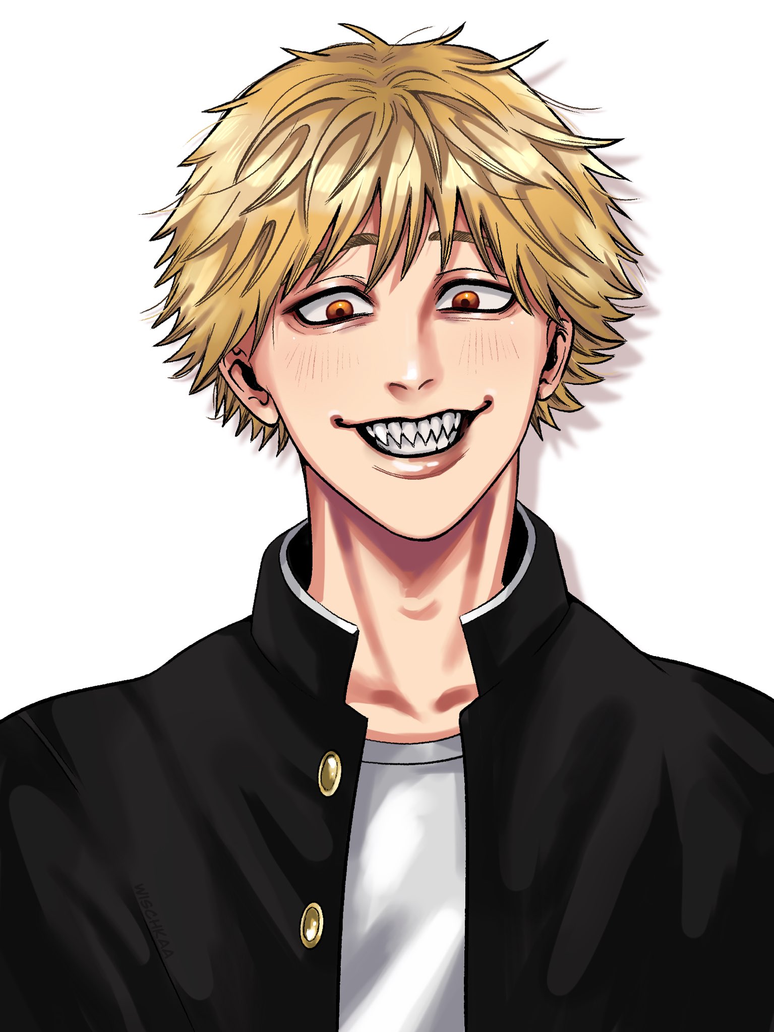 1boy blonde_hair chainsaw_man commentary denji_(chainsaw_man) english_commentary gakuran grin highres jacket male_focus open_clothes open_jacket orange_eyes portrait school_uniform sharp_teeth shirt smile solo teeth white_shirt wischkaa