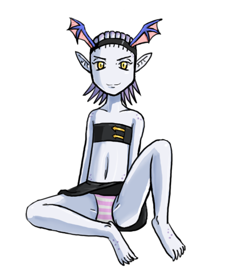 1girl bat_wings blue_skin body_freckles chaos_(warhammer) colored_skin daemonette demon_girl demon_horns elf_ear female_focus flat_chest freckles hairband horns miniskirt non-web_source pale_color pale_skin panties pantyshot pointy_ears sitting skirt solo spread_legs strapless striped_clothes striped_panties tentacle_hair underwear warhammer_40k wings