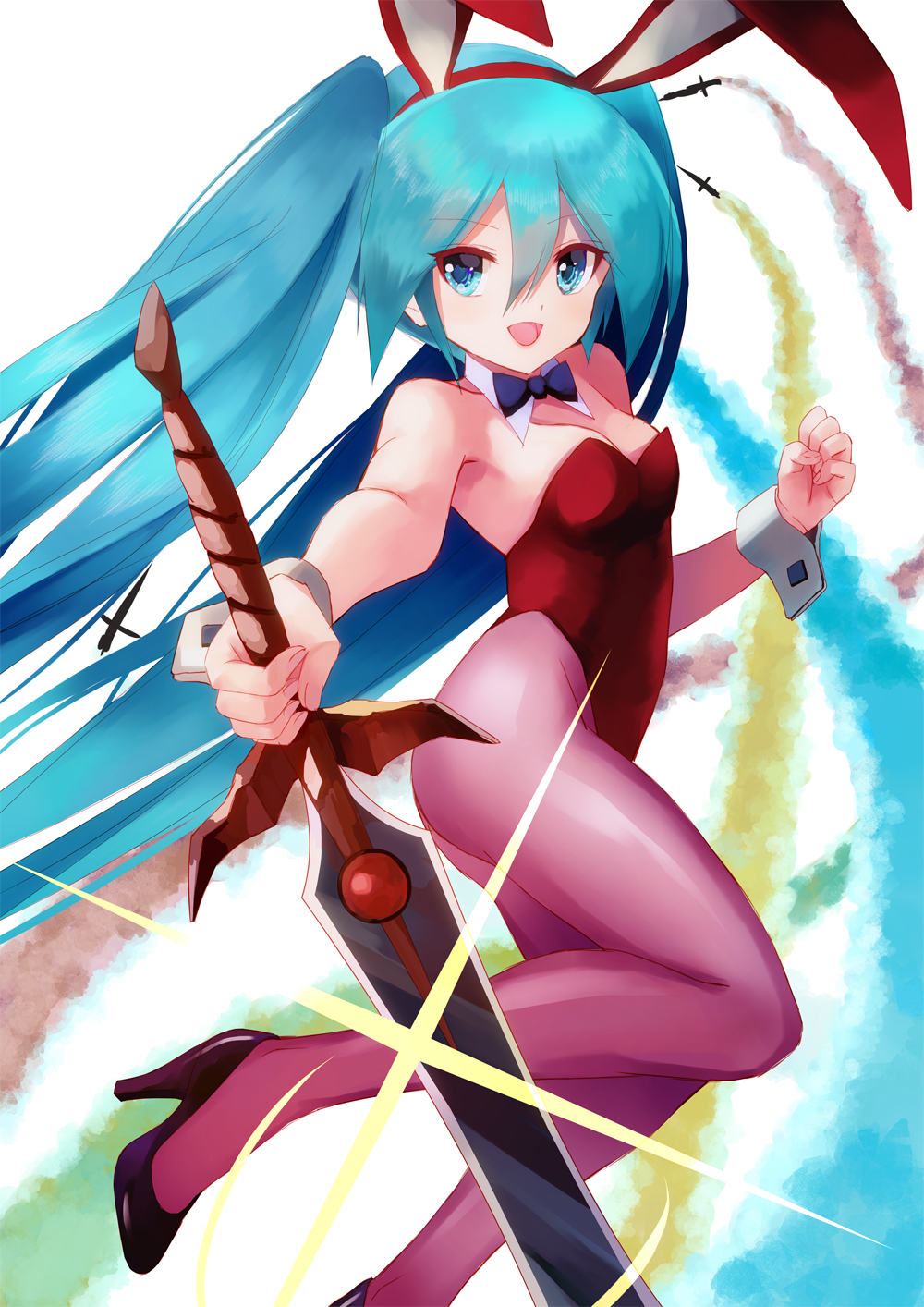 1girl animal_ears aqua_eyes aqua_hair black_footwear blue_bow blue_bowtie bow bowtie contrail cosplay daicon daicon_bunny_girl daicon_bunny_girl_(cosplay) daicon_iv fake_animal_ears female_focus hatsune_miku high_heels highres leotard long_hair looking_at_viewer pantyhose pink_pantyhose playboy_bunny rabbit_ears rabbit_girl red_leotard smile solo strap_slip sword takepon1123 twintails very_long_hair vocaloid weapon white_background