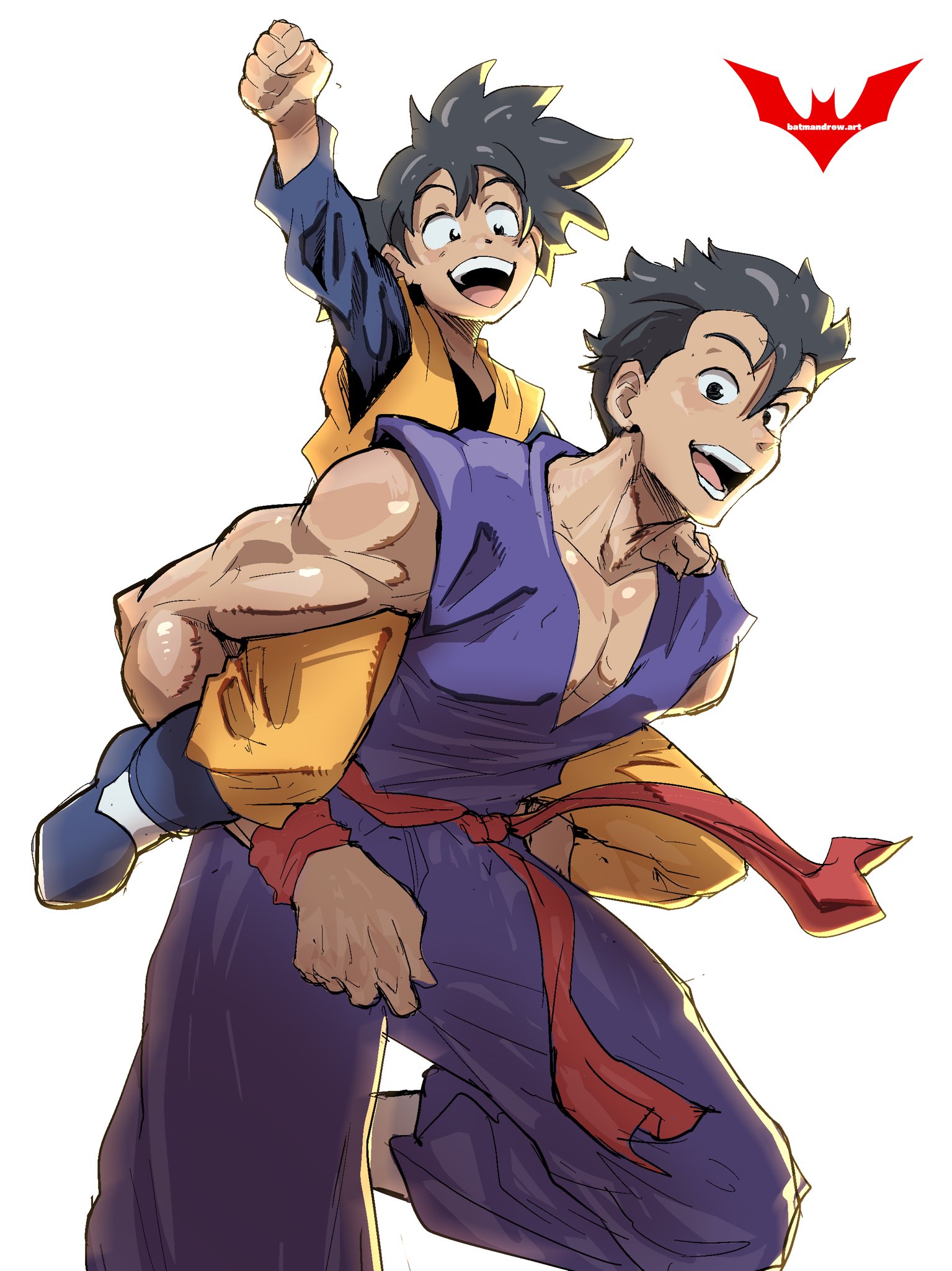 2boys artist_name bat_(animal) batm_andrew black_hair brothers carrying clenched_hand dragon_ball hair_between_eyes highres jumpsuit looking_at_viewer multiple_boys open_mouth orange_jumpsuit piggyback purple_jumpsuit red_sash sash short_hair siblings simple_background sleeveless son_gohan son_goten spiked_hair standing standing_on_one_leg white_background wristband
