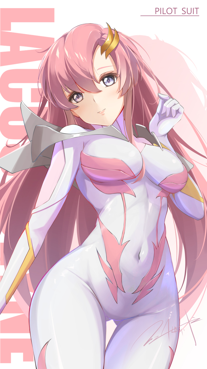 1girl alternate_costume artist_name blue_eyes bodysuit breasts covered_navel gundam gundam_seed gundam_seed_freedom hair_ornament highres lacus_clyne long_hair looking_at_viewer mecha_pilot_suit normal_suit_(gundam) official_alternate_costume pilot pilot_suit pink_hair science_fiction serike_w smile solo thigh_gap very_long_hair