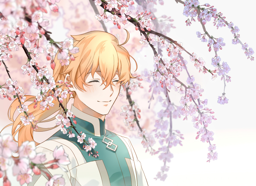 1boy blurry blurry_background blush branch cherry_blossoms closed_eyes closed_mouth coat fate/grand_order fate_(series) hair_between_eyes happy male_focus n_oel orange_hair ponytail romani_archaman smile solo upper_body white_background white_coat