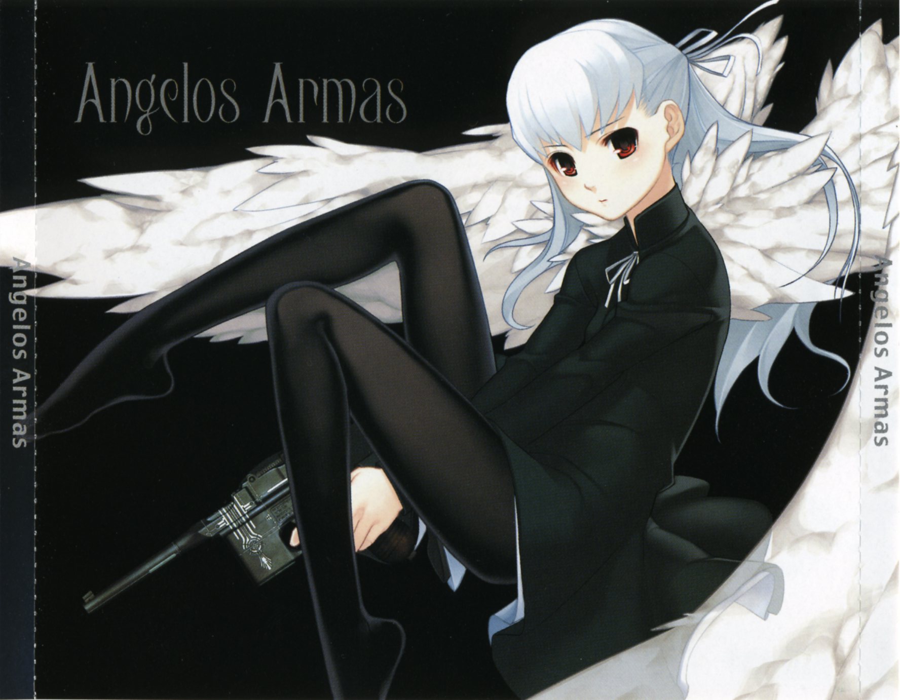1girl albino angel_wings angelos_armas blush chuuou_higashiguchi cover dress feet female_focus gun hair_ribbon handgun henri highres leg_up long_hair non-web_source pantyhose red_eyes ribbon scan short_dress sitting skirt solo spandex weapon white_hair wings