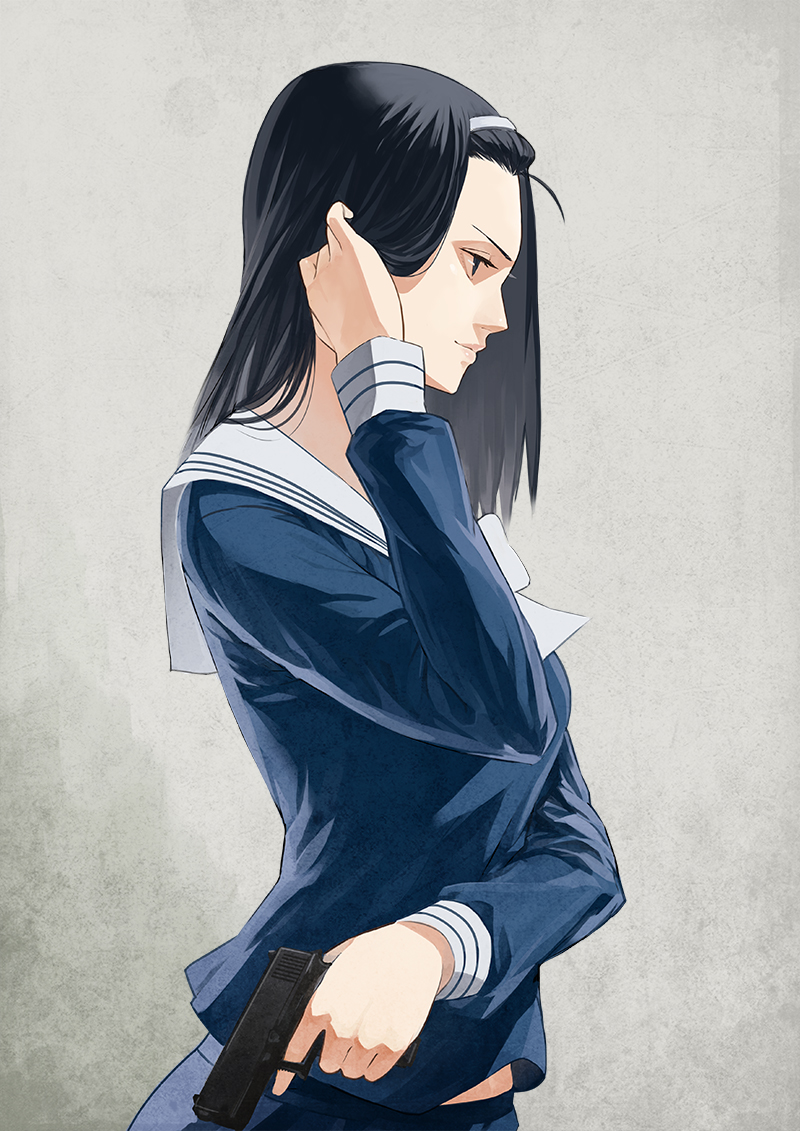 1girl black_hair breasts cowboy_shot female_focus forehead from_side gajuumaru grey_background gun hairband handgun holding holding_gun holding_weapon kumokawa_seria long_sleeves medium_breasts sailor_collar school_uniform skirt solo toaru_majutsu_no_index toaru_majutsu_no_index:_new_testament tucking_hair weapon white_hairband