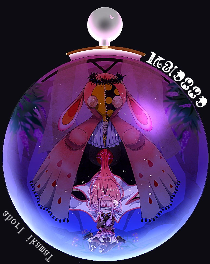 1girl bird black_background blindfold cape crystal_ball cuckoo doppel_(madoka_magica) giovanna_(madoka_magica) long_hair madoka_runes magia_record:_mahou_shoujo_madoka_magica_gaiden mahou_shoujo_madoka_magica pink_hair shironeko222 solo tamaki_iroha