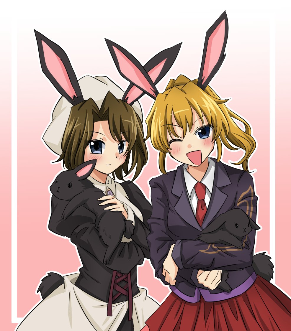 2girls animal_ears beret blonde_hair blue_eyes brown_hair collared_shirt corset hat kimleepark1129 maid multiple_girls necktie ponytail rabbit rabbit_ears shannon_(umineko) shirt skirt smile umineko_no_naku_koro_ni ushiromiya_jessica
