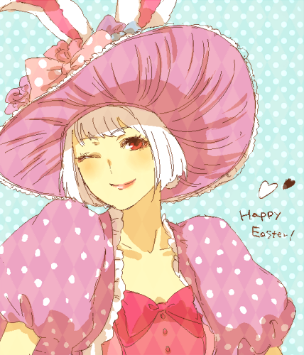 1girl animal_ears bow disneyland easter easter_wonderland end_bunny_(disney) flower frills hair_flower hair_ornament hat lowres nora_d11 one_eye_closed rabbit_ears short_hair smile solo top_hat upper_body white_hair