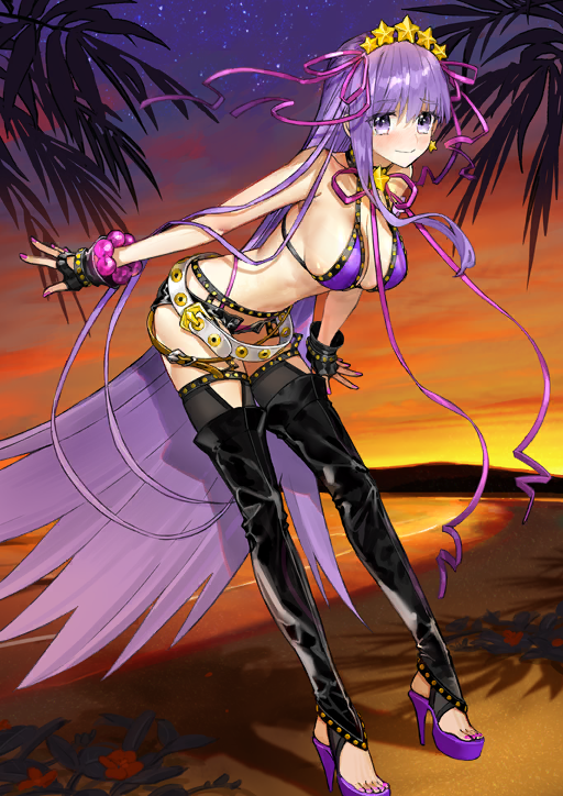 1girl bare_arms bare_shoulders bb_(fate) bb_(swimsuit_mooncancer)_(fate) bb_(swimsuit_mooncancer)_(second_ascension)_(fate) beach bead_bracelet beads belt bikini bikini_under_shorts black_gloves black_shorts black_thighhighs blush bracelet breasts brown_belt choker cleavage closed_mouth collarbone earrings fate/grand_order fate_(series) fingerless_gloves fingernails full_body gloves hair_ribbon halterneck high_heel_sandals highleg highleg_bikini jewelry large_breasts leaning_forward legwear_garter long_hair long_ribbon long_sidelocks looking_at_viewer loose_belt micro_shorts multiple_belts navel no_socks official_art open_fly panty_straps pink_nails pink_ribbon platform_sandals purple_bikini purple_eyes purple_hair purple_sandals ribbon sandals shorts sideboob sidelocks single_sidelock smile solo star_(symbol) star_choker star_earrings star_hairband stirrup_legwear swimsuit thighhighs third-party_source toeless_legwear toenails variant_set very_long_hair wada_arco white_belt