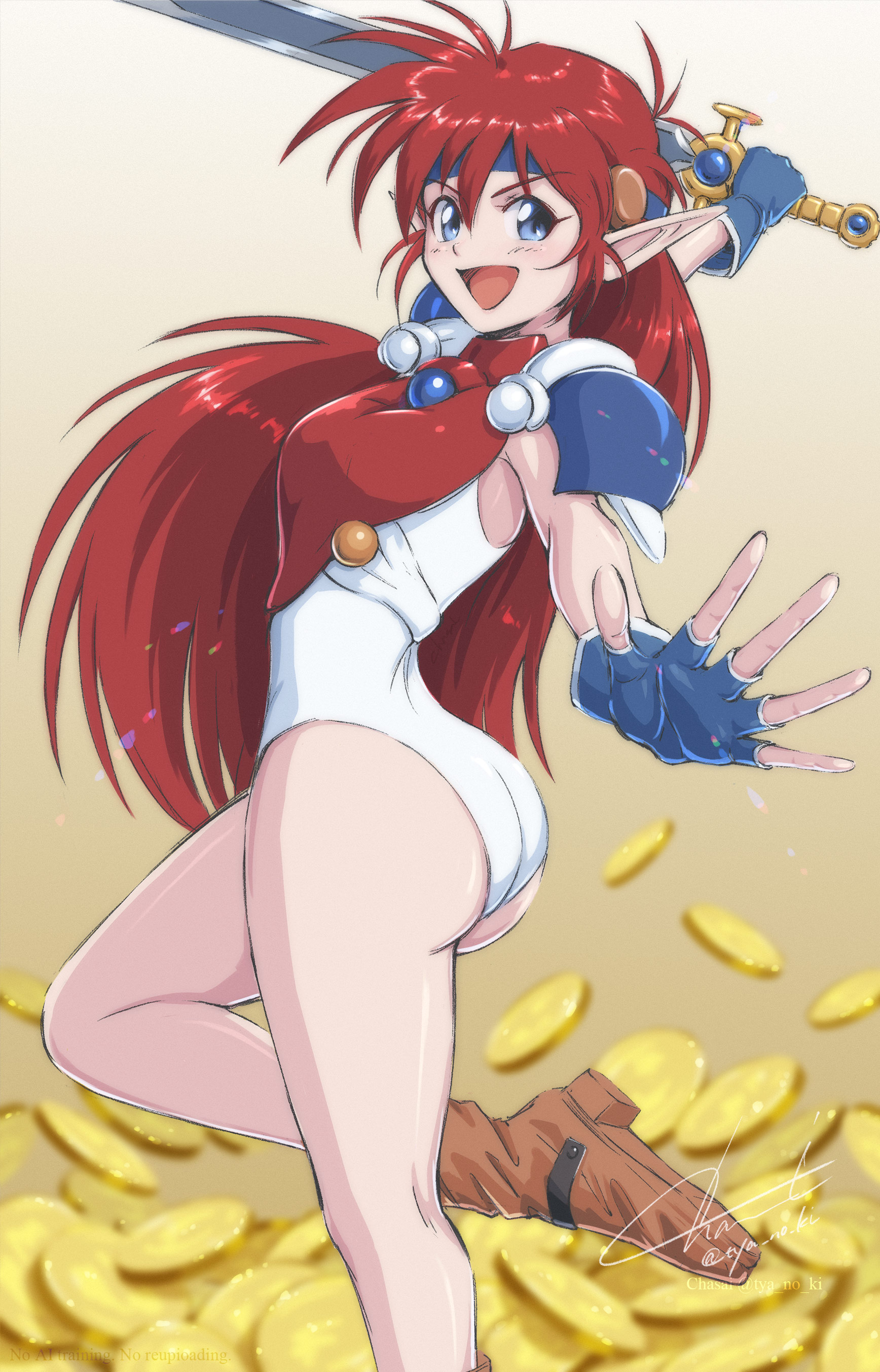 1girl :d absurdres armor ass ass_focus blue_eyes blue_gloves blue_headband blurry blurry_background boots breastplate brown_boots coin commentary commentary_request english_commentary fingerless_gloves gloves hair_between_eyes headband highres holding holding_sword holding_weapon leotard long_hair long_pointy_ears mail_(popful_mail) mixed-language_commentary open_mouth pointy_ears popful_mail red_hair signature smile solo sword thighs tyanoki weapon white_leotard