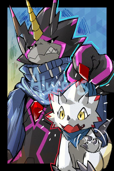 bandana bandana_around_neck black_border black_scales black_sclera blue_bandana blue_cloak border cloak colored_sclera digimon digimon_(creature) digimon_ghost_game dragon finalelysion gammamon gulusgammamon horns smile triceratops white_scales yellow_eyes