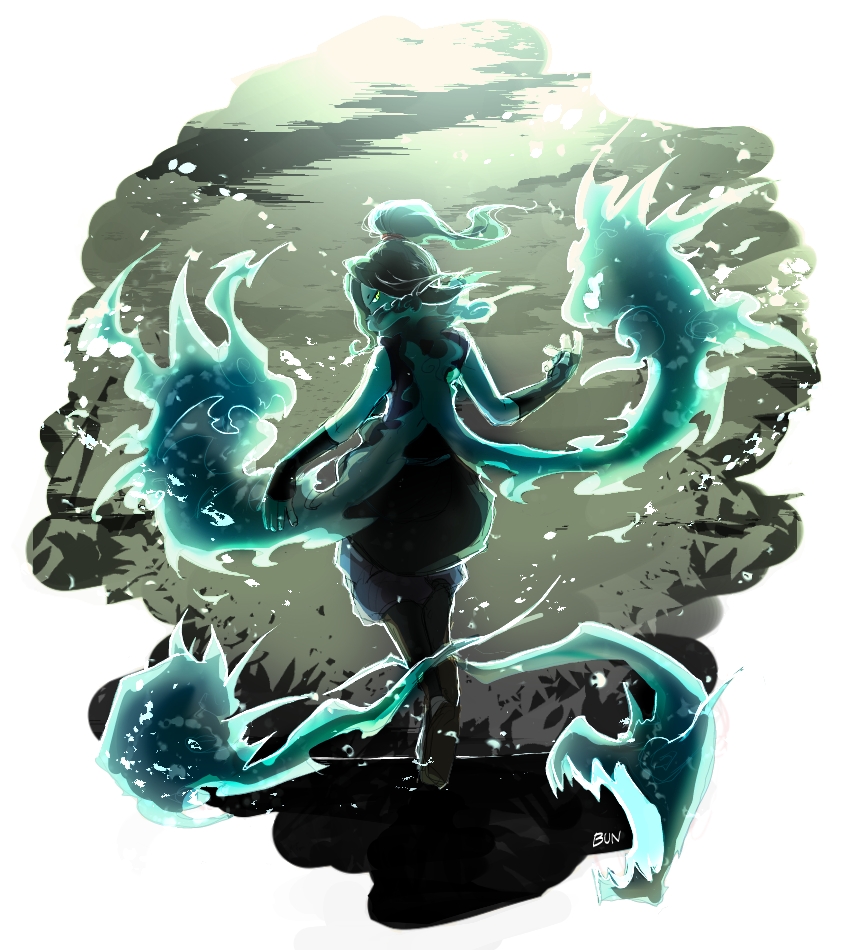 10s 1boy bun_(game728hale396) full_moon green_hair hair_over_one_eye japanese_clothes long_hair looking_back male_focus monster_boy moon moonlight orochi_(youkai_watch) scarf signature sleeveless solo yellow_eyes traditional_youkai youkai_watch