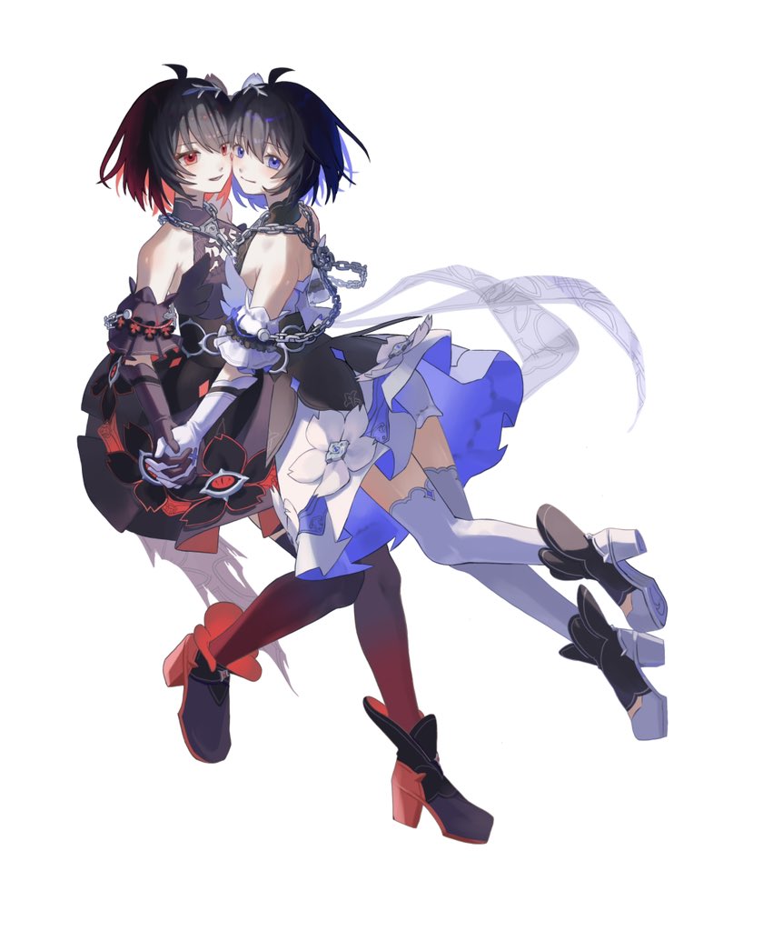 2girls ahoge black_dress black_flower black_gloves black_hair black_thighhighs blue_eyes blue_hair chain closed_mouth colored_inner_hair commentary dress dress_flower duoyun_de_tiankong floating flower full_body gloves gradient_thighhighs hair_between_eyes hair_flower hair_ornament holding_hands honkai_(series) honkai_impact_3rd interlocked_fingers looking_at_viewer multicolored_hair multiple_girls open_mouth red_eyes red_hair red_thighhighs seele_(alter_ego) seele_vollerei seele_vollerei_(stygian_nymph) short_hair simple_background smile thighhighs two-tone_hair two-tone_thighhighs white_background white_dress white_flower white_gloves white_thighhighs
