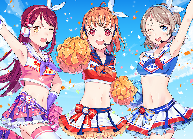 3girls :d ;d ahoge arm_up armpits bare_shoulders blue_eyes blue_neckerchief blue_sailor_collar blue_shirt blue_sky blush bow breasts brown_hair cheerleader clothes_writing commentary confetti cowboy_shot crop_top day foreshortening frilled_skirt frills gloves hair_ornament hairclip hand_on_own_hip headphones headset holding holding_pom_poms leg_up long_hair looking_at_viewer love_live! love_live!_school_idol_festival love_live!_sunshine!! midriff miniskirt multicolored_neckerchief multicolored_shirt multicolored_skirt multiple_girls navel neckerchief official_alternate_costume one_eye_closed open_mouth orange_hair orange_neckerchief pink_shirt pink_skirt pleated_skirt pom_pom_(cheerleading) pom_poms print_skirt purple_gloves purple_neckerchief red_eyes red_hair red_neckerchief red_shirt ribbon sailor_collar sakurauchi_riko shirt short_hair skirt sky sleeveless sleeveless_shirt smile star_(symbol) star_print striped_bow striped_clothes striped_shirt sweat swept_bangs takami_chika takaramonozu teeth thighhighs tiny_(tini3030) two-tone_neckerchief upper_teeth_only watanabe_you white_ribbon white_sailor_collar white_skirt yellow_eyes