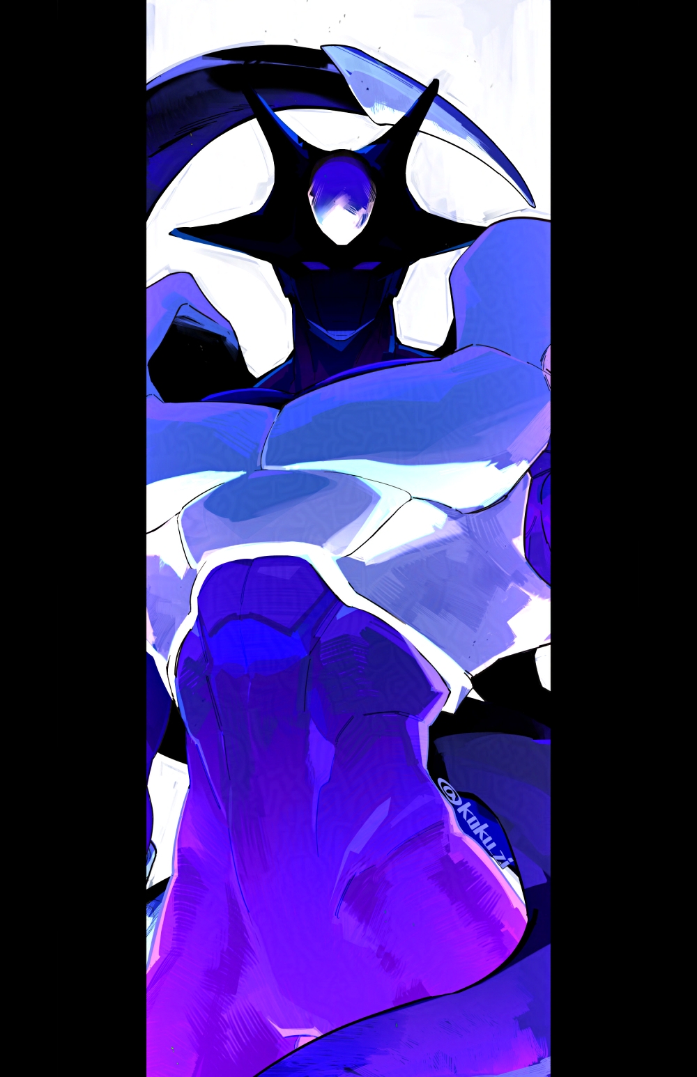 1boy armor breastplate colored_skin cooler_(dragon_ball) cooler_(fifth_form)_(dragon_ball) cowboy_shot dragon_ball dragonball_z fake_horns forehead_jewel gem helmet highres horned_helmet horns kokusoji looking_at_viewer male_focus multiple_horns muscular muscular_male purple_eyes purple_gemstone purple_skin shaded_face solid_eyes solo tail white_background