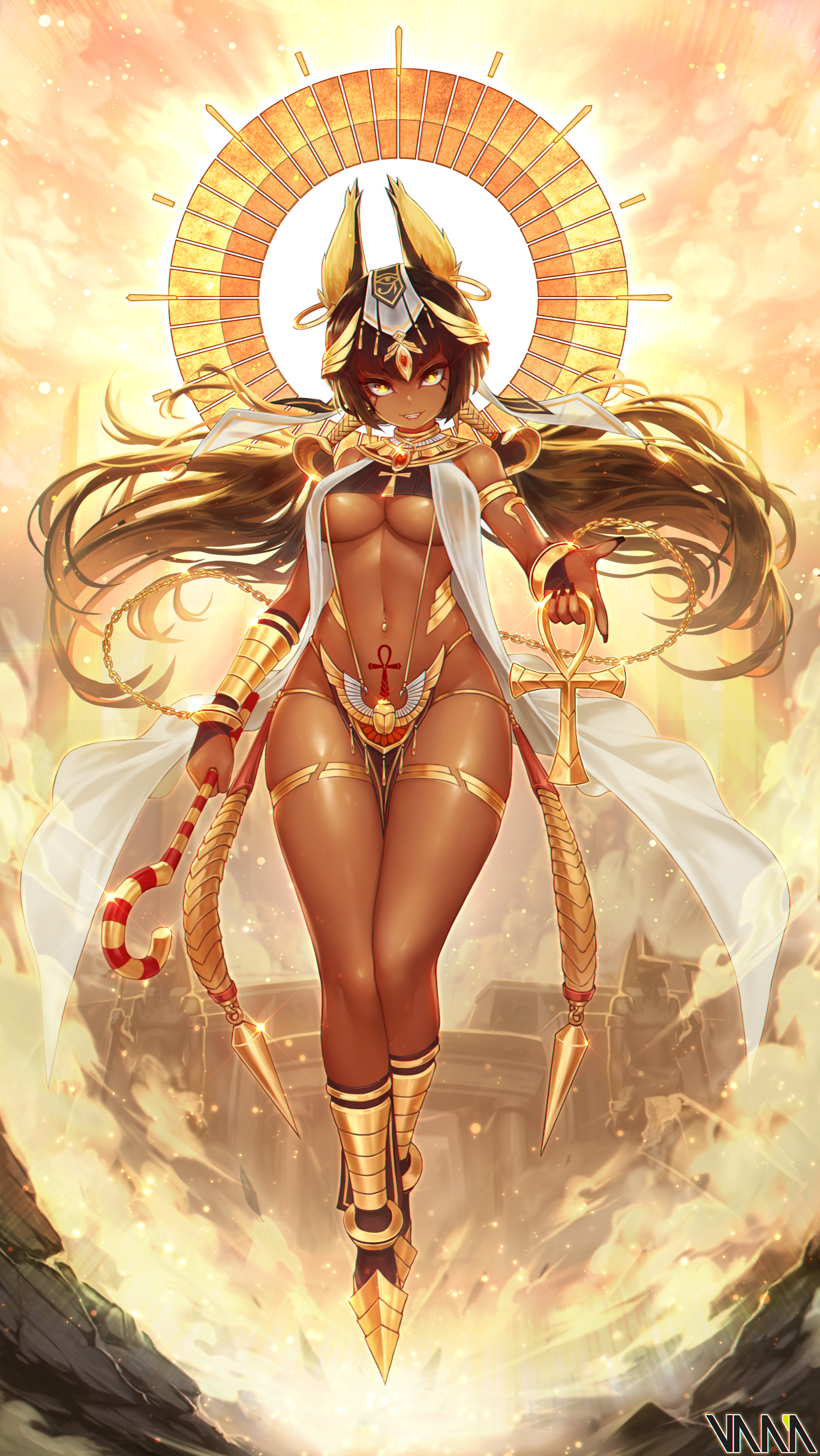 1girl absurdres ancient_egyptian_clothes anubis_(mythology) armlet armored_boots artist_name backlighting bare_shoulders black_nails boots bracer breasts brown_hair building cane chain cross dark-skinned_female dark_skin earrings facial_mark female_focus fingernails floating floating_hair full_body gem glint gold gold_chain headpiece highres holding jewelry knee_boots large_breasts loincloth long_fingernails long_hair looking_at_viewer low_twintails nail_polish navel navel_piercing original outdoors outstretched_arm parted_lips piercing pubic_tattoo red_gemstone revealing_clothes skindentation smile solo statue stomach tattoo thighlet thighs twintails underboob vana very_long_hair yellow_eyes