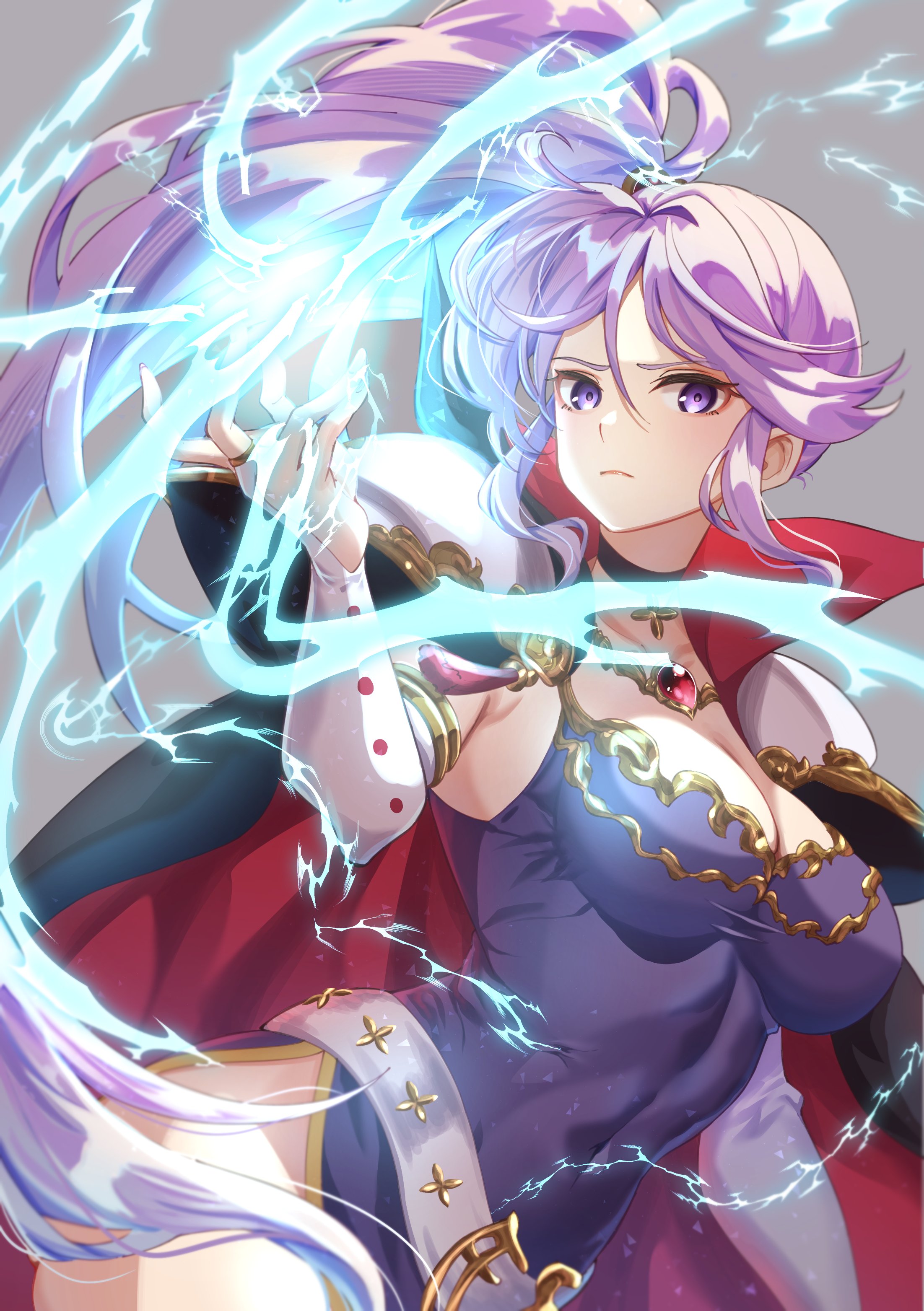 1girl absurdres armor belt breasts cape commentary commission commissioner_upload electricity english_commentary fire_emblem highres ishtar_(fire_emblem) jewelry karashino large_breasts magic necklace nintendo pauldrons ponytail purple_eyes purple_hair shoulder_armor skeb_commission