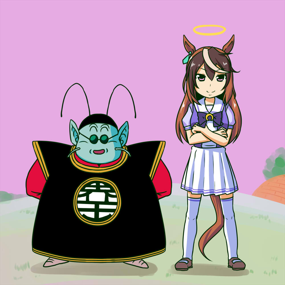 1boy 1girl animal_ears arms_behind_back bow bowtie brown_hair crossed_arms crossover dragon_ball earrings halo horse_ears horse_girl horse_tail horseshoe_ornament jewelry long_hair multicolored_hair nishi_koutarou north_kaiou open_mouth pleated_skirt puffy_short_sleeves puffy_sleeves purple_bow purple_bowtie purple_eyes purple_shirt school_uniform serafuku shirt short_sleeves side-by-side skirt smile standing summer_uniform symboli_rudolf_(umamusume) tail thighhighs tracen_school_uniform trait_connection umamusume white_hair white_skirt white_thighhighs