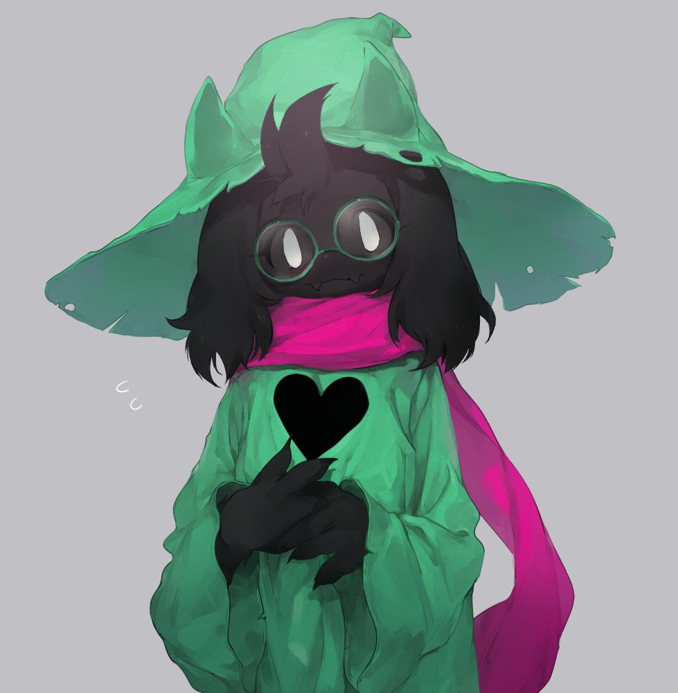 1boy animal_ears black_fur body_fur deltarune fangs flying_sweatdrops furry furry_male glasses goat_boy goat_ears green-framed_eyewear green_hat green_robe grey_background hat male_focus own_hands_together pink_scarf ralsei ralsei_(hat) robe round_eyewear scarf simple_background skin_fangs solo upper_body utdr_(toby_fox) white_eyes wide_sleeves yukiumisaka