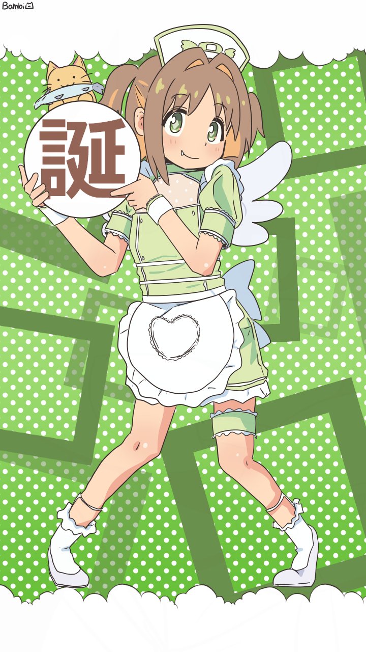 1girl apron artist_name bambi2000line bare_arms brown_hair colored_inner_hair commentary diamond-shaped_pupils diamond_(shape) dress frilled_thigh_strap full_body green_background green_dress green_eyes hair_intakes hat highres looking_at_viewer multicolored_hair nurse_cap official_alternate_costume oka_asahi onii-chan_wa_oshimai! orange_hair polka_dot polka_dot_background puffy_short_sleeves puffy_sleeves short_hair short_sleeves simple_background solo symbol-shaped_pupils thigh_strap tiptoes translation_request two-tone_hair two_side_up waist_apron wrist_cuffs