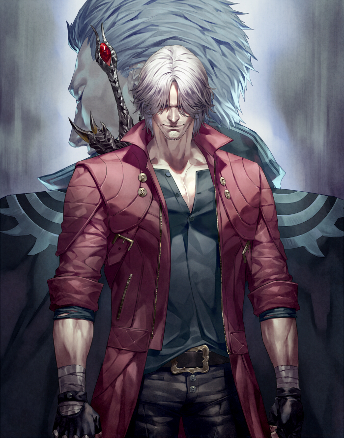 2boys from_behind bandaged_wrist bandages beard_stubble belt black_coat black_gloves black_pants brothers brown_belt closed_mouth coat collarbone cowboy_shot dante_(devil_may_cry) devil_may_cry_(series) devil_may_cry_5 devil_sword_dante facial_hair fingerless_gloves gem gloves grey_background grey_undershirt hair_slicked_back huge_weapon long_sleeves multiple_boys muscular muscular_male obscured_eyes open_clothes open_coat pants parted_bangs red_coat red_gemstone short_hair siblings smirk stubble sword talgi twins upper_body vergil_(devil_may_cry) weapon weapon_on_back white_hair