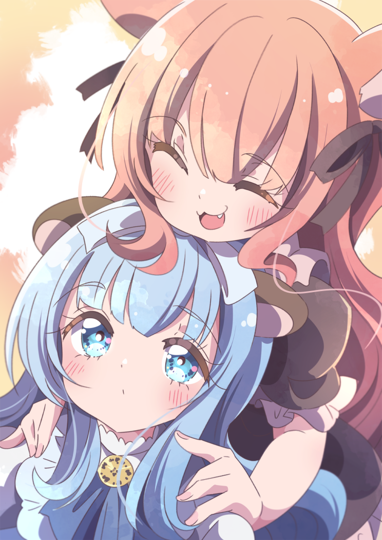 2girls :3 animal_ears black_dress black_ribbon blush closed_eyes dress fang fox_girl frilled_dress frills hair_ribbon honkawa_works kirara_fantasia long_hair looking_at_another looking_up multiple_girls orange_hair raccoon_ears ribbon salt_(kirara_fantasia) smile sugar_(kirara_fantasia) wavy_hair white_dress white_frills