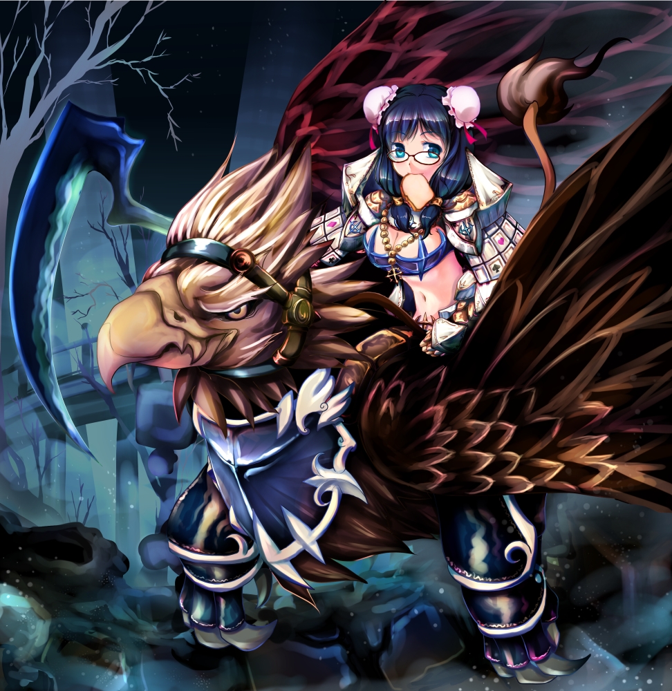 1girl armor barding bare_tree bikini_armor black-framed_eyewear black_hair blue_background blue_eyes bread bread_slice breasts bun_cover cleavage commentary_request cross cross_necklace double_bun efyuru food food_in_mouth gauntlets glasses griffin gryphon_(ragnarok_online) hair_bun jewelry long_hair looking_at_viewer medium_breasts mouth_hold navel necklace pauldrons ragnarok_online riding royal_guard_(ragnarok_online) shoulder_armor solo toast toast_in_mouth tree upper_body