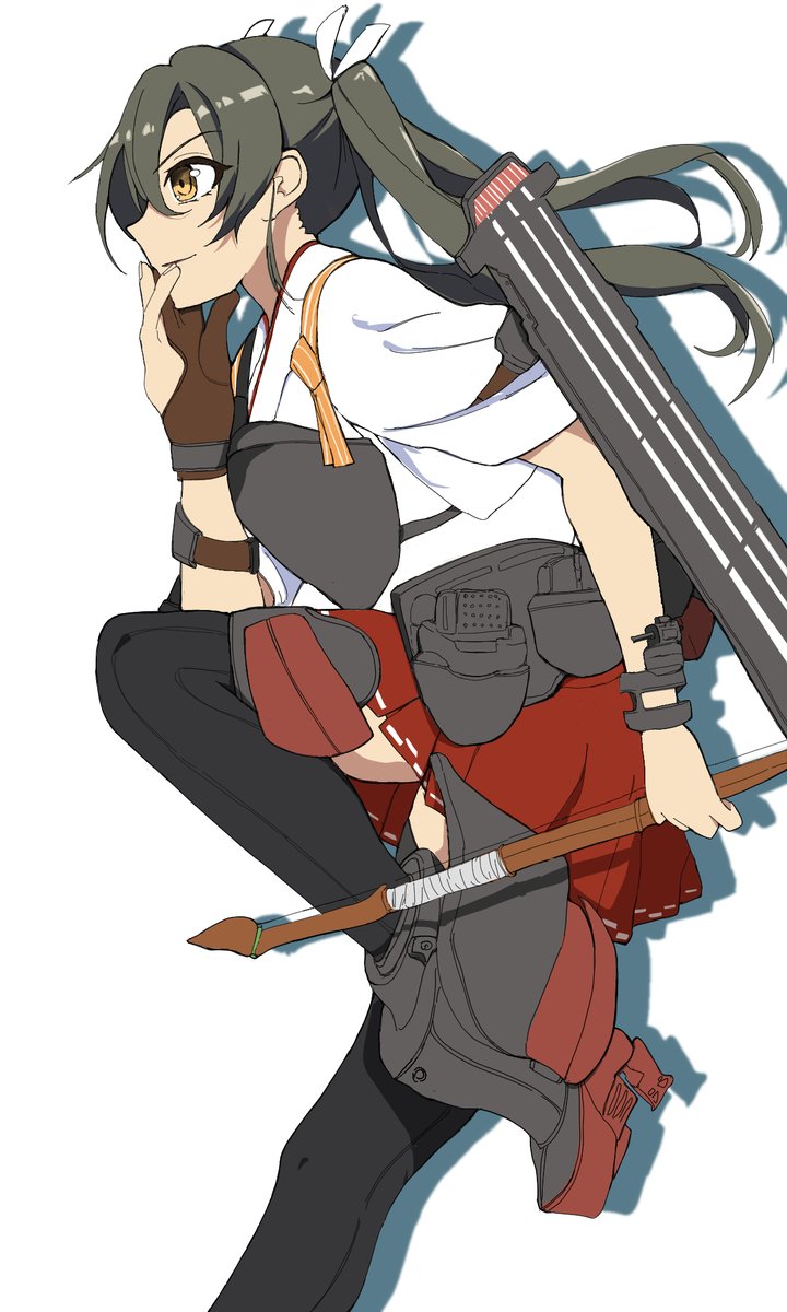 1girl black_thighhighs bow_(weapon) brown_eyes brown_gloves cowboy_shot feet_out_of_frame flight_deck gloves grey_hair hakama hakama_short_skirt hakama_skirt highres japanese_clothes kantai_collection kosode long_hair muneate partially_fingerless_gloves partly_fingerless_gloves red_hakama red_skirt ribbon single_glove skirt solo tasuki thighhighs twintails weapon white_ribbon yaguchi_ryuu yugake zuikaku_(kancolle)