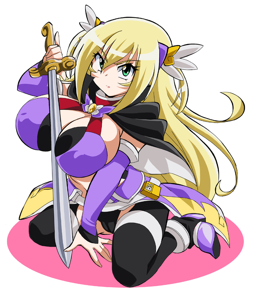 1girl ake_no_hoshi_no_elise battle_spirits black_panties blonde_hair breasts cameltoe cape cleavage detached_sleeves female_focus green_eyes hair_ornament large_breasts long_hair makino_tomoyasu on_ground panties saikyou_ginga_ultimate_zero_~battle_spirits~ shoes simple_background sitting solo sword underwear weapon