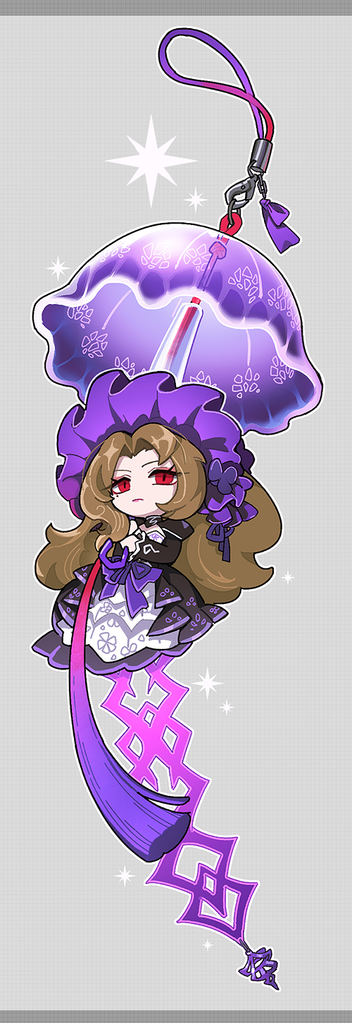 1girl black_dress bonnet brown_hair closed_mouth dress flaw_eight full_body grey_background highres holding holding_umbrella la_manchaland_(identity)_(project_moon) limbus_company long_hair looking_at_viewer parasol parted_bangs project_moon red_eyes rodion_(project_moon) simple_background solo tassel umbrella very_long_hair wind_chime