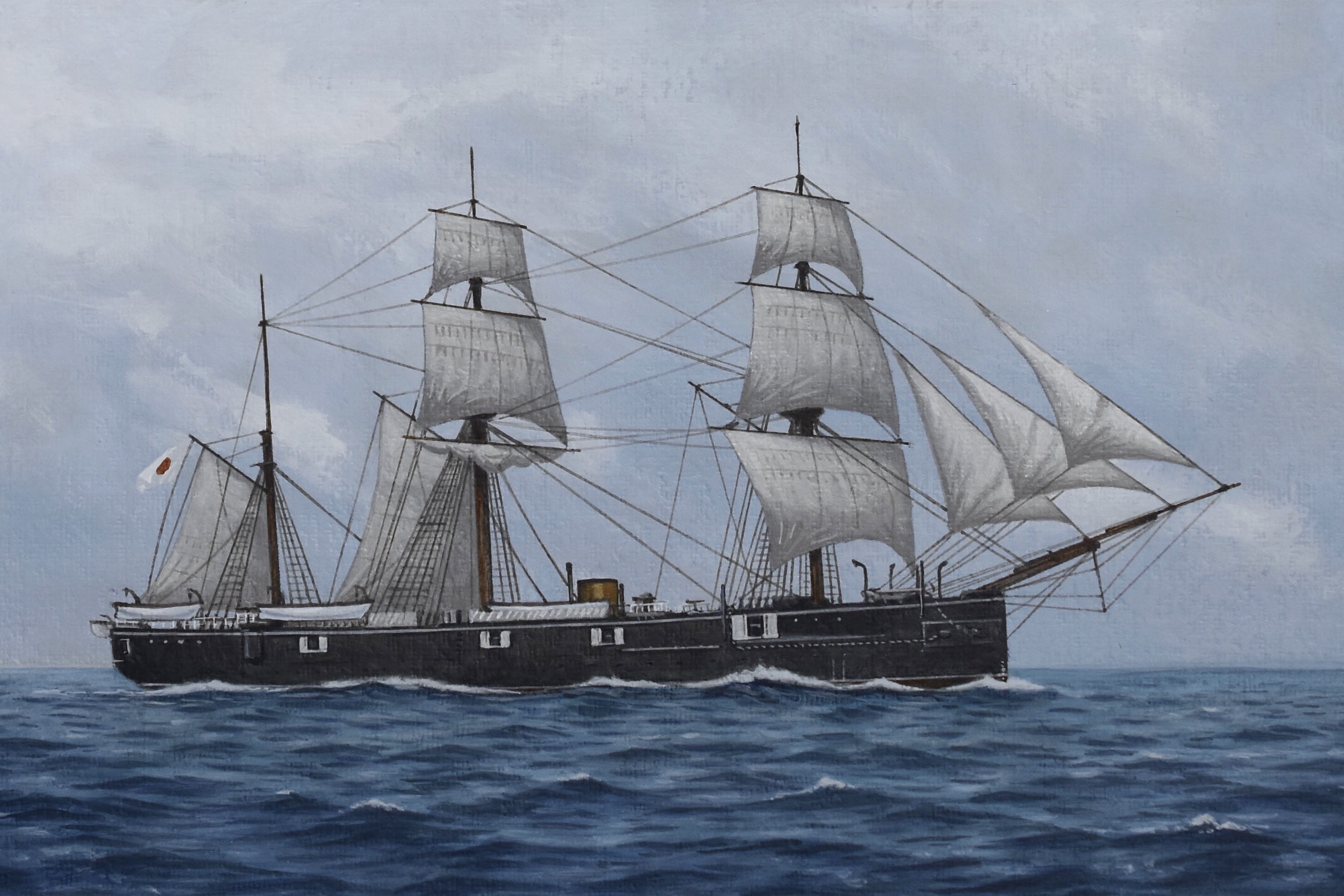 acrylic_paint_(medium) atelier_bono blue_sky cannon cloud cloudy_sky flag highres imperial_japanese_navy ironclad japanese_flag katsuragi_(ironclad) mast military_vehicle no_humans ocean original painting_(medium) ship ship_turret sky smokestack traditional_media vehicle_focus warship watercraft weapon