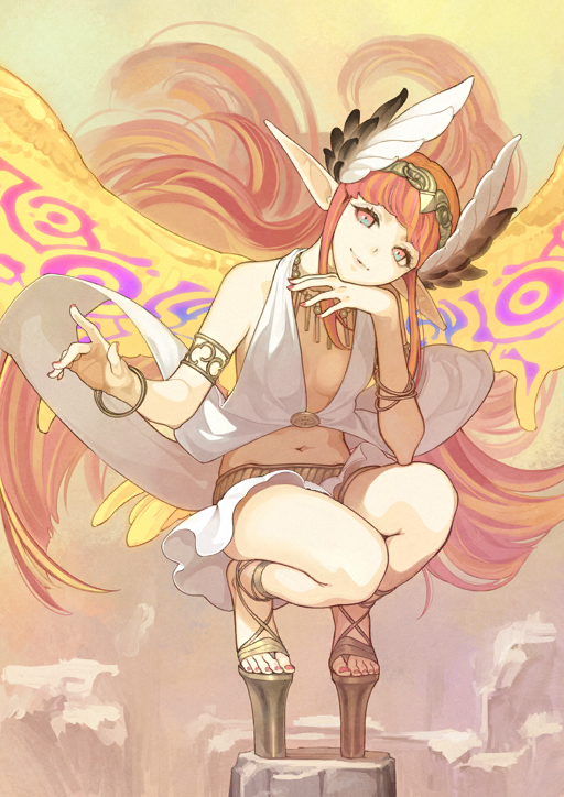 1girl aqua_eyes bangle bare_legs bare_shoulders bird_wings blunt_bangs bracelet breasts breasts_apart brown_background circe_(fate) closed_mouth fate/grand_order fate_(series) feather_hair_ornament feathers floating_clothes floating_hair full_body gold_armlet gold_belt gold_hairband gold_necklace gold_sandals gold_thighlet hair_ornament hairband hand_up head_tilt hidari_(left_side) jewelry long_hair long_pointy_ears long_sidelocks looking_at_viewer miniskirt multicolored_eyes multicolored_hair multiple_bracelets nail_polish navel necklace no_shirt no_socks official_art open_mouth orange_hair orange_wings pink_eyes pink_hair platform_sandals pointy_ears sandals sidelocks skirt sleeveless small_breasts smile solo squatting thighlet third-party_source toenails toes two-tone_eyes two-tone_hair very_long_hair vest white_skirt white_vest wings