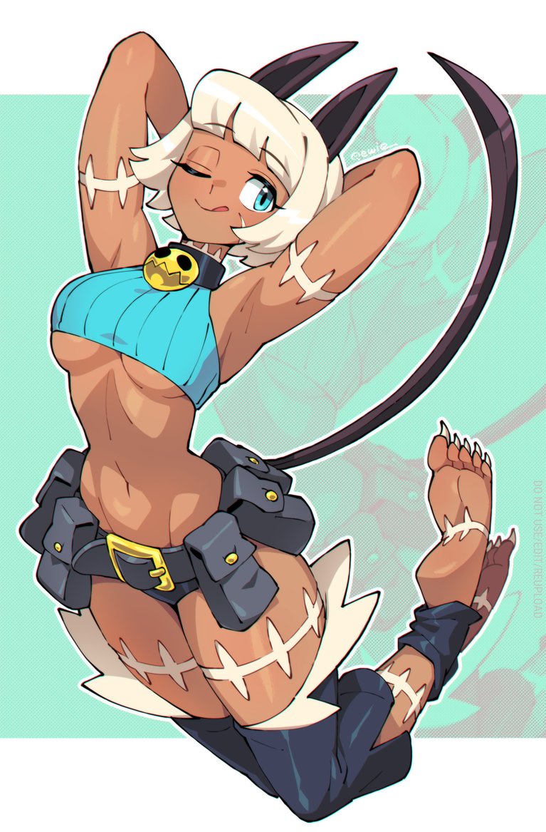 1girl animal_ears arms_behind_head barefoot belt belt_pouch blue_eyes bob_cut breasts cat_ears cat_girl cat_tail crop_top dark-skinned_female dark_skin detached_leggings medium_breasts ms._fortune_(skullgirls) navel one_eye_closed pouch qewie ribbed_shirt scar sharp_toenails shirt short_hair skullgirls solo tail toenails underboob utility_belt white_hair