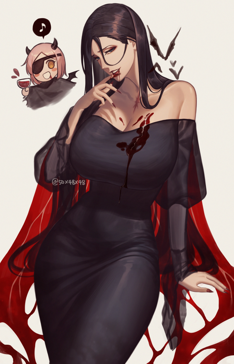 2girls 50x48x48 artist_name bare_shoulders bat_(animal) black_dress black_hair bleach bleach:_sennen_kessen-hen blood blood_on_breasts blood_on_hands collarbone dress eyepatch fingernails halloween halloween_costume highres holding_wine_glass horns kusajishi_yachiru lipstick long_dress long_fingernails long_hair looking_at_viewer makeup mature_female multiple_girls off_shoulder pink_hair scar scar_on_chest simple_background speech_bubble unohana_retsu vampire