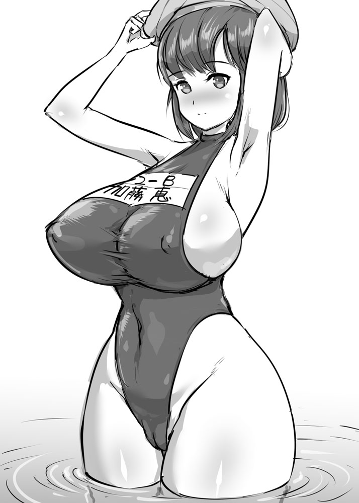 alternate_breast_size armpits arms_up bare_arms bikini black_one-piece_swimsuit blush breasts cameltoe chiroru555 closed_mouth covered_erect_nipples covered_navel curvy hat katou_megumi large_breasts light_smile looking_at_viewer monochrome one-piece_swimsuit partially_submerged saenai_heroine_no_sodatekata school_swimsuit short_hair simple_background standing swimsuit thighs white_background wide_hips