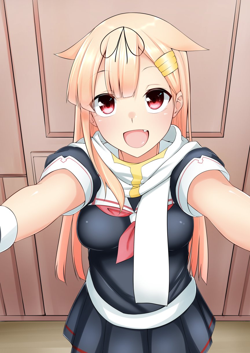 1girl black_ribbon black_serafuku black_skirt blonde_hair cowboy_shot door fang female_focus hair_flaps hair_ornament hair_ribbon hairclip head_tilt highres hug kantai_collection long_hair looking_at_viewer neckerchief open_mouth pleated_skirt pov pov_hug red_eyes red_neckerchief ribbon rikkii_(likito_yuzu_is) scarf school_uniform serafuku skirt smile solo white_scarf yuudachi_(kancolle) yuudachi_kai_ni_(kancolle)