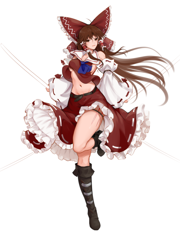 1girl artist_name ascot boots bow breasts brown_boots brown_eyes brown_hair cleavage cloud cloudy_sky commentary detached_sleeves edz_drawz english_commentary frilled_bow frilled_hair_tubes frilled_skirt frills gohei hair_bow hair_tubes hakurei_reimu holding holding_gohei knee_boots leg_up long_hair looking_at_viewer navel needle open_mouth purple_ascot red_bow red_skirt ribbon-trimmed_skirt ribbon-trimmed_sleeves ribbon_trim sideboob simple_background skirt skirt_set sky smile solo thigh_strap throwing_needles torn_clothes touhou underboob very_long_hair white_background