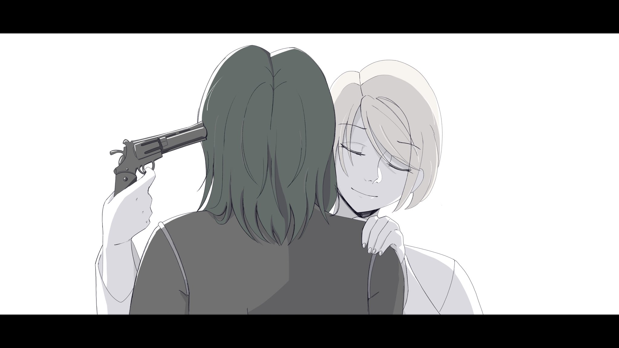 backlighting barisol_no_kodomo_wa_hitorikko_(vocaloid) blonde_hair closed_eyes double_suicide evillious_nendaiki green_hair grey_jacket gumi gun handgun highres holding holding_gun holding_weapon imminent_suicide jacket kagamine_rin lab_coat levia_barisol m_ur_i nemesis_no_juukou_(vocaloid) nemesis_sudou pale_color reincarnation revolver smile swept_bangs vocaloid wavy_hair weapon