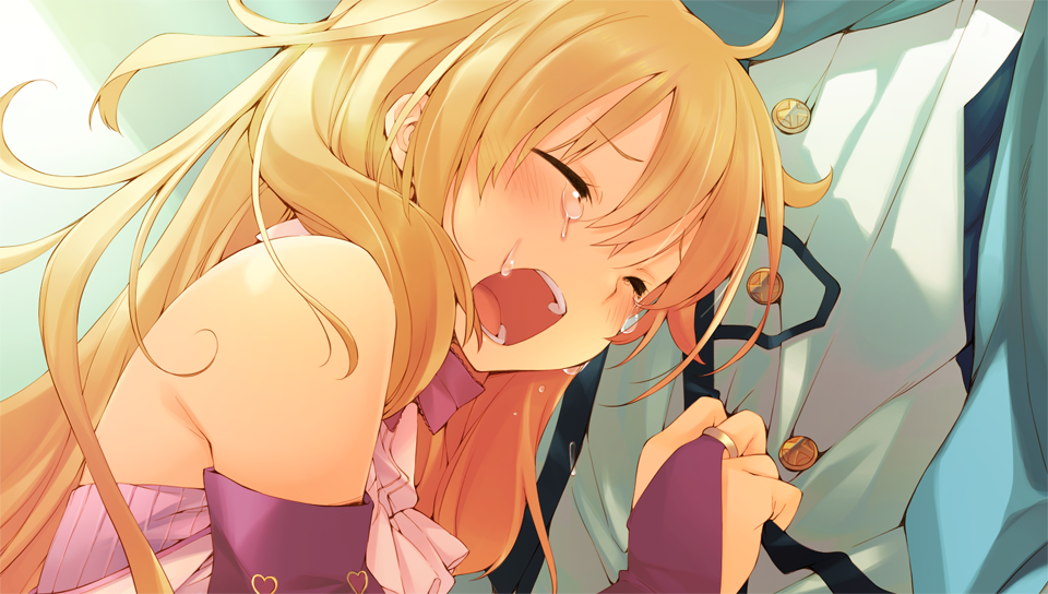 1boy 1girl aquaplus blonde_hair blush bridal_gauntlets crying dungeon_travelers_2 erthuricia_vitor_de_ritzhevin closed_eyes game_cg head_on_chest kokonoka long_hair official_art open_mouth shirt_tug solo_focus tears