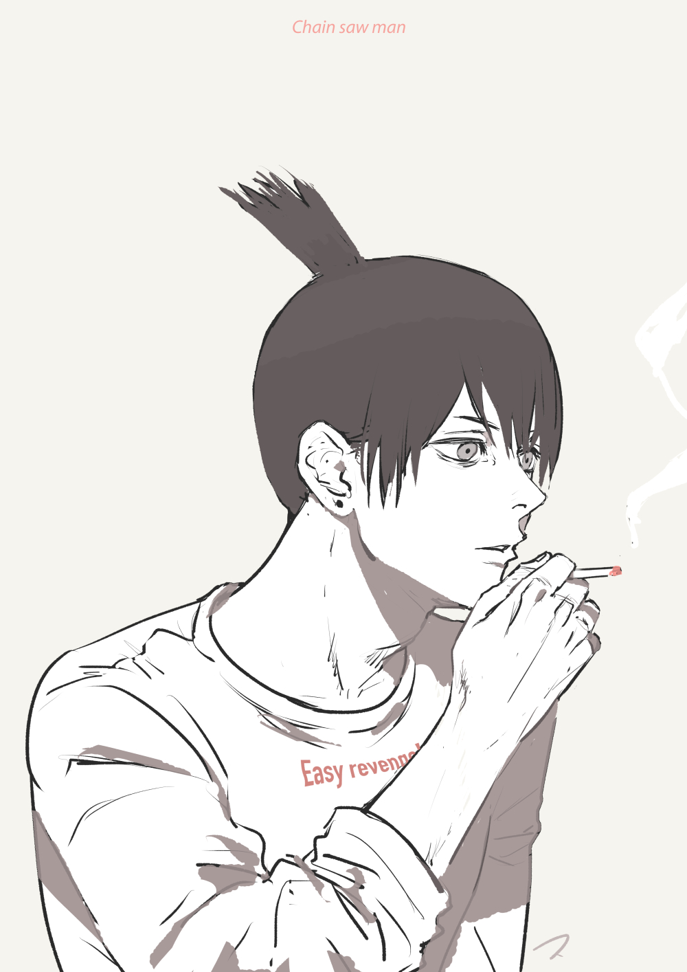 1boy black_hair chainsaw_man cigarette clothes_writing collared_shirt copyright_name earrings greyscale hayakawa_aki highres holding holding_cigarette jewelry matahei monochrome shirt short_hair signature simple_background smoke smoke_trail solo stud_earrings topknot