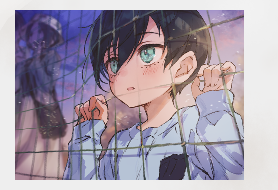 1boy aged_down aqua_eyes black_hair blue_lock blue_shirt border child grey_border hair_between_eyes itoshi_rin long_sleeves male_focus negairi net open_mouth shirt short_hair upper_body